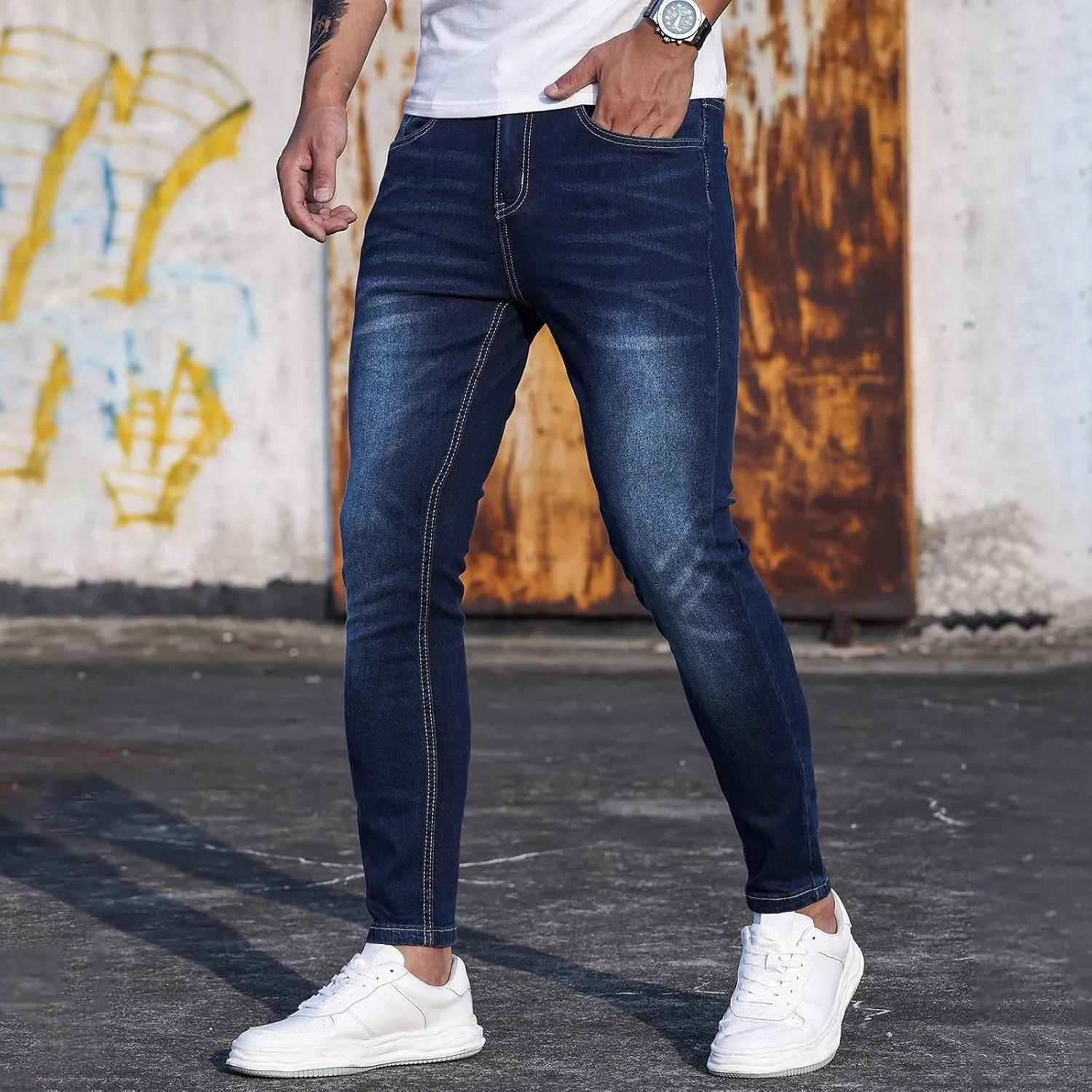 Means Jeans Comfort Stretch Denim Straight Leg Relaxed Fit Jeans for Men Flat Front Hidden Comfort Waistband Pant