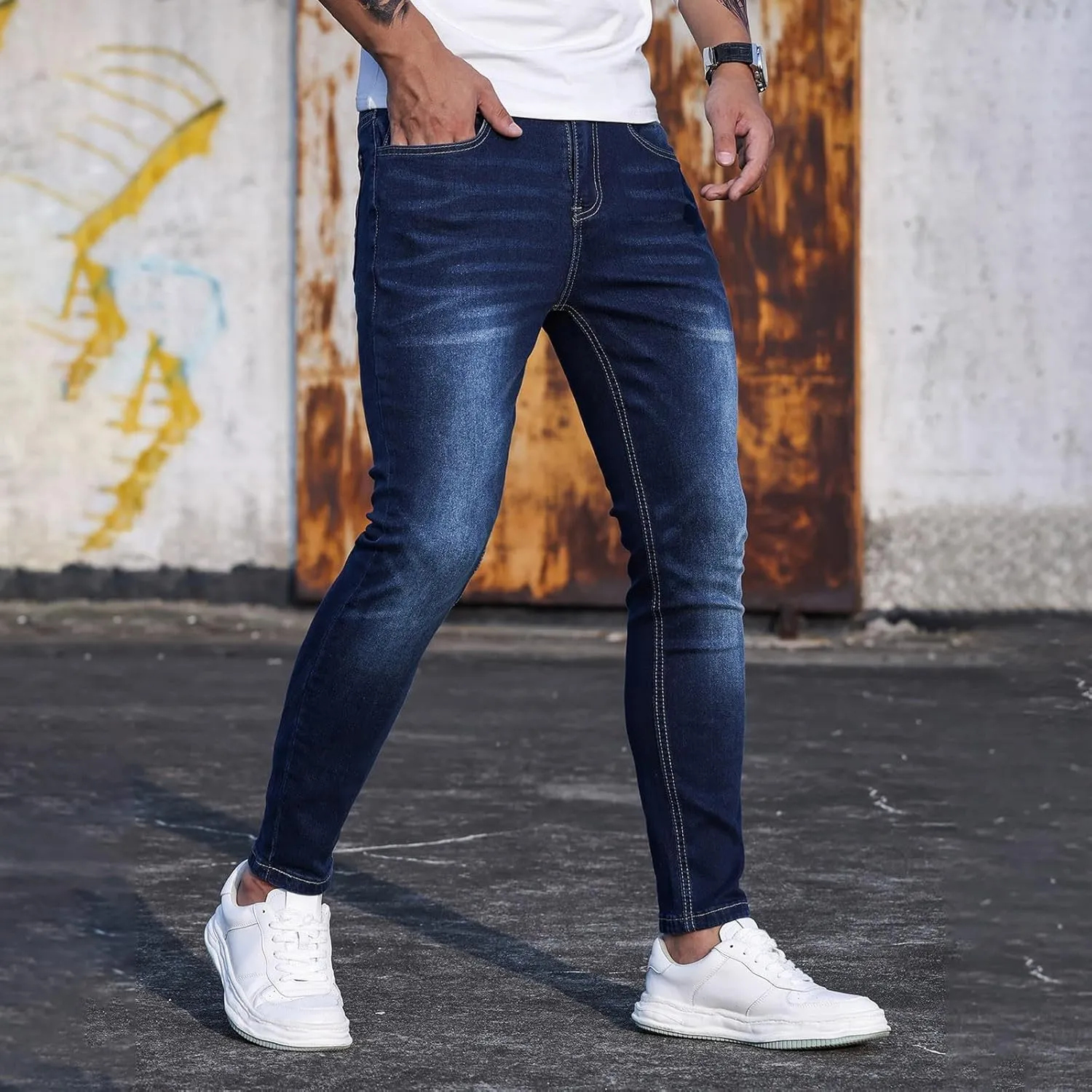 Means Jeans Comfort Stretch Denim Straight Leg Relaxed Fit Jeans for Men Flat Front Hidden Comfort Waistband Pant