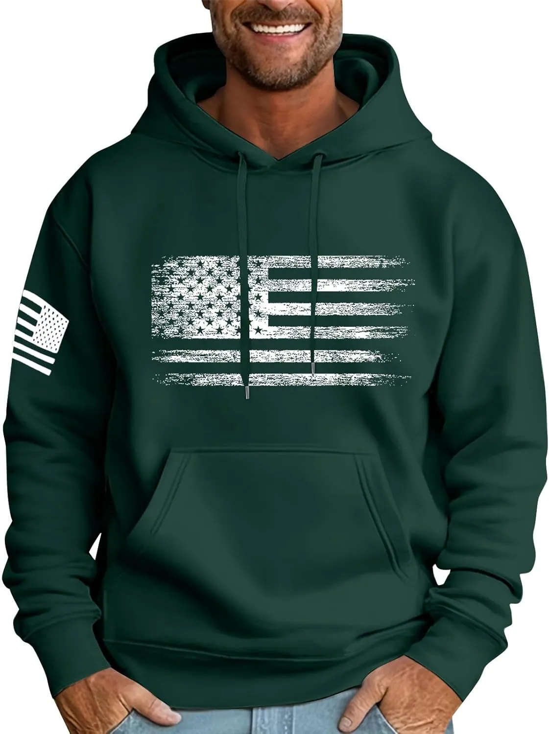Men Big and Tall Hoodie Long Sleeve USA Flag Graphic Printed Patriotic Hooded Sweatshirt with Pocket