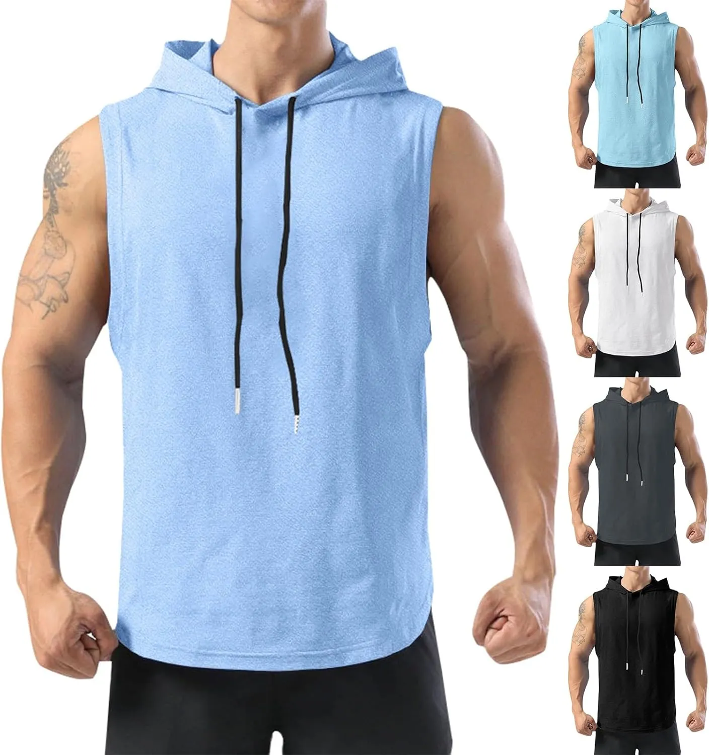 Men Workout Hooded Tank Tops Bodybuilding Muscle Cut Off T Shirt Summer Casual Sleeveless Gym Hoodies with Drawstring
