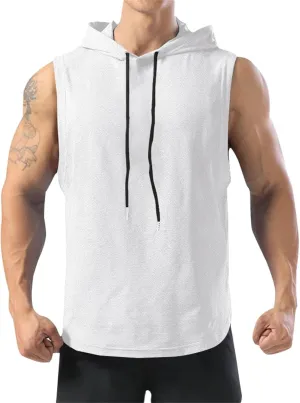 Men Workout Hooded Tank Tops Bodybuilding Muscle Cut Off T Shirt Summer Casual Sleeveless Gym Hoodies with Drawstring