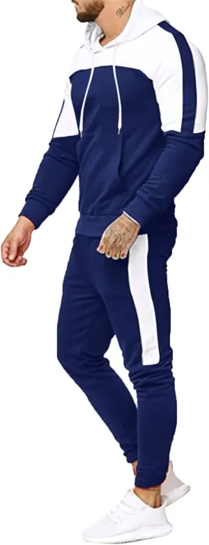 Mens 2 Piece Sweatsuits Sets Pant Sets Fashion Stitching Hooded Two Piece Suit of Color Block Hoodies and Zipper