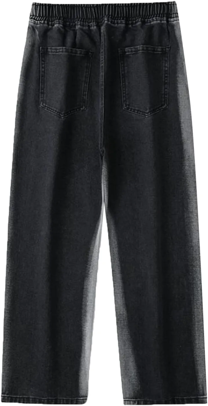 Mens Baggy Jeans Washed Distressed Drawstring Denim Pants Summer Loose Casual Straight Legs Jeans Hip Hop Trousers