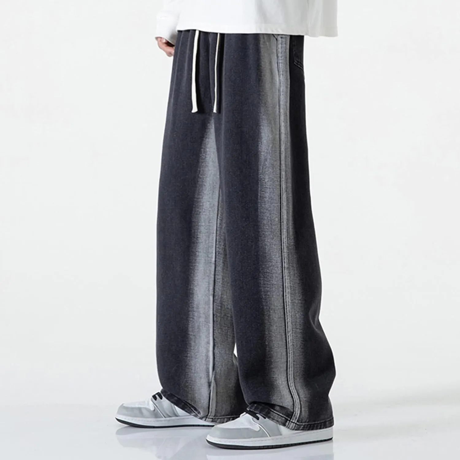 Mens Baggy Jeans Washed Distressed Drawstring Denim Pants Summer Loose Casual Straight Legs Jeans Hip Hop Trousers