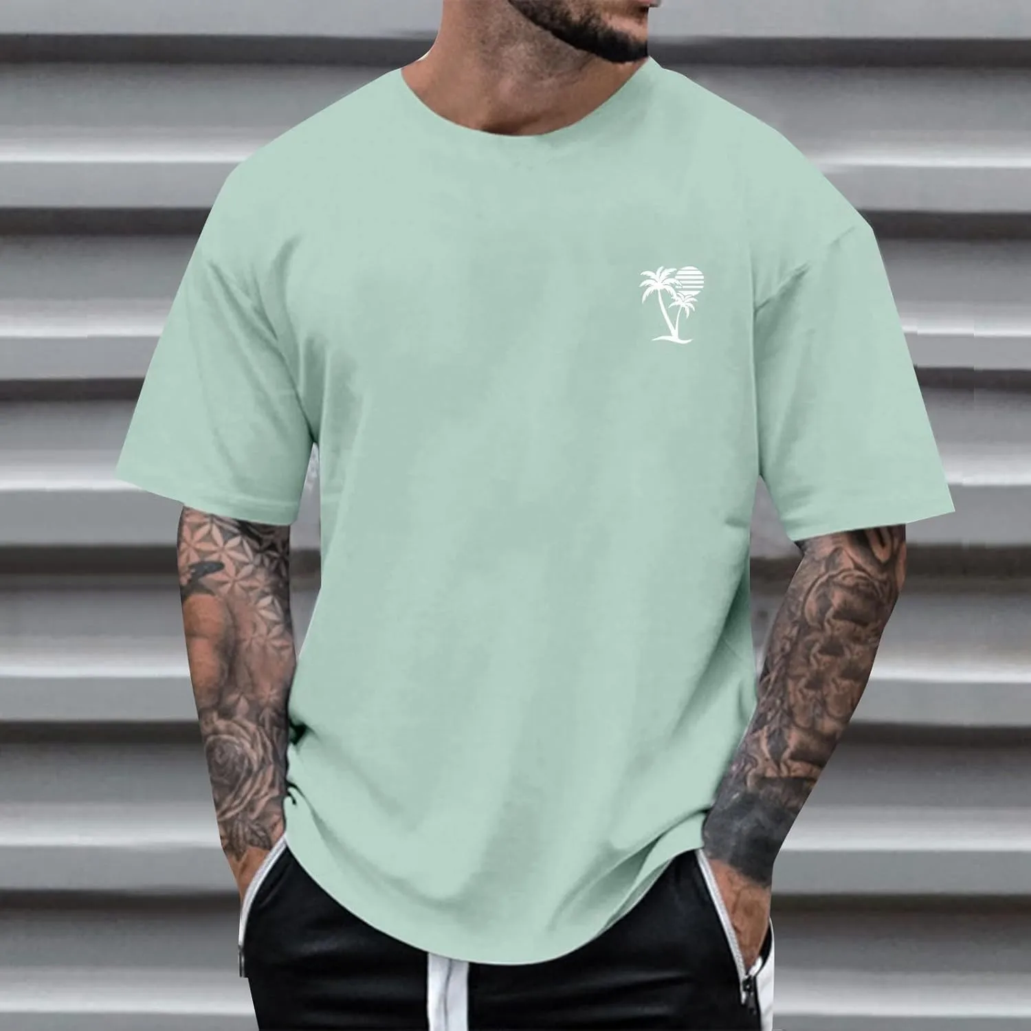 Mens Big and Tall Crew Neck Short Sleeve Drop Shoulder T-Shirts Soft Lightweight Casual Summer Coconut Printed