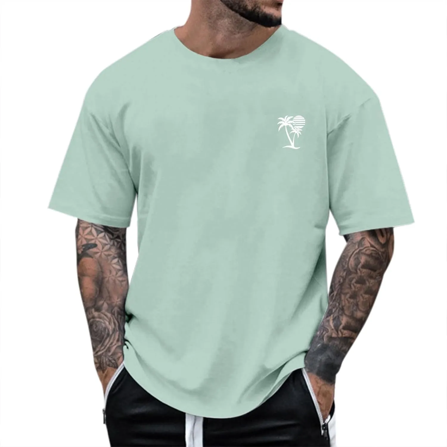 Mens Big and Tall Crew Neck Short Sleeve Drop Shoulder T-Shirts Soft Lightweight Casual Summer Coconut Printed