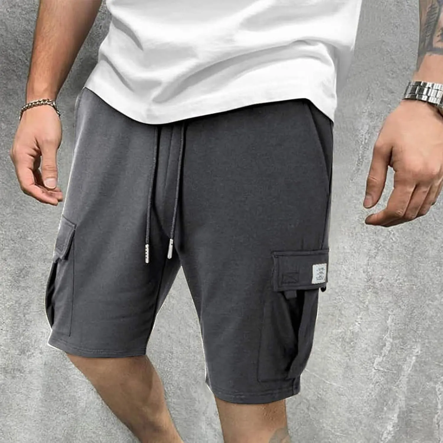 Mens Cargo Sweat Shorts Casual Drawstring Elastic Waist Athletic Workout Gym Jogger Shorts with Multi Pockets