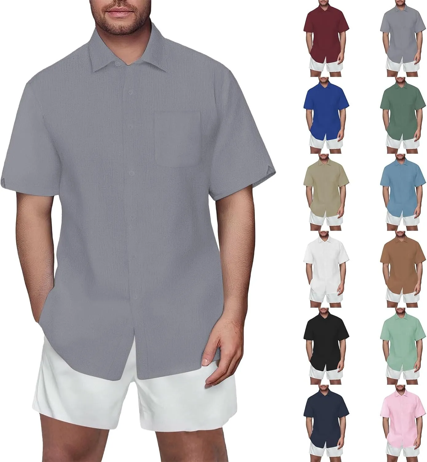 Mens Casual Linen Dress Shirt Hawaiian Short Sleeve Button Down Shirts Summer Vacation Wedding Beach Tops with Pocket
