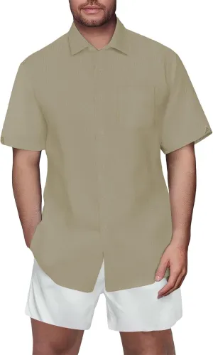 Mens Casual Linen Dress Shirt Hawaiian Short Sleeve Button Down Shirts Summer Vacation Wedding Beach Tops with Pocket