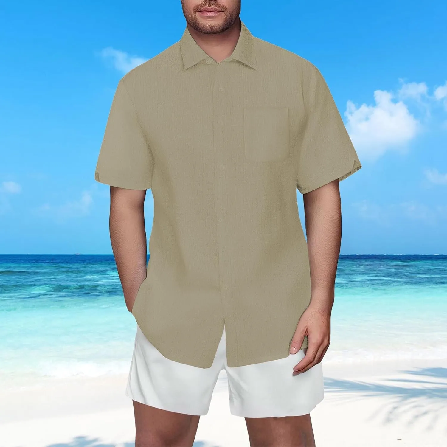 Mens Casual Linen Dress Shirt Hawaiian Short Sleeve Button Down Shirts Summer Vacation Wedding Beach Tops with Pocket