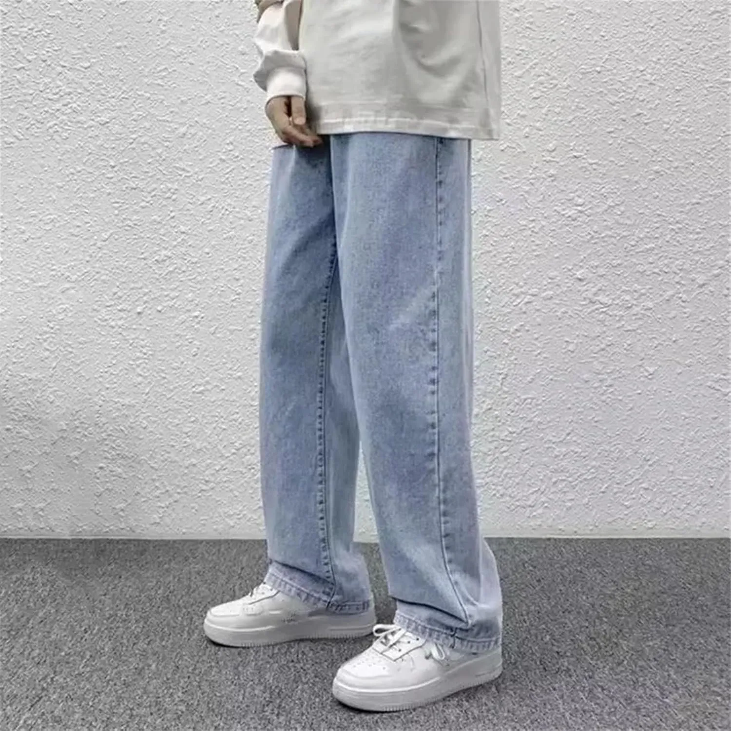 Men's Casual Long Baggy Jeans Vintage High Waist Straight Leg Jeans with Pockets