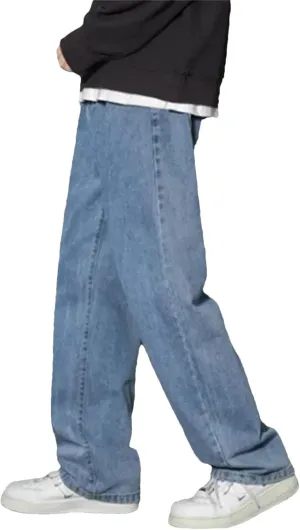 Men's Casual Long Baggy Jeans Vintage High Waist Straight Leg Jeans with Pockets