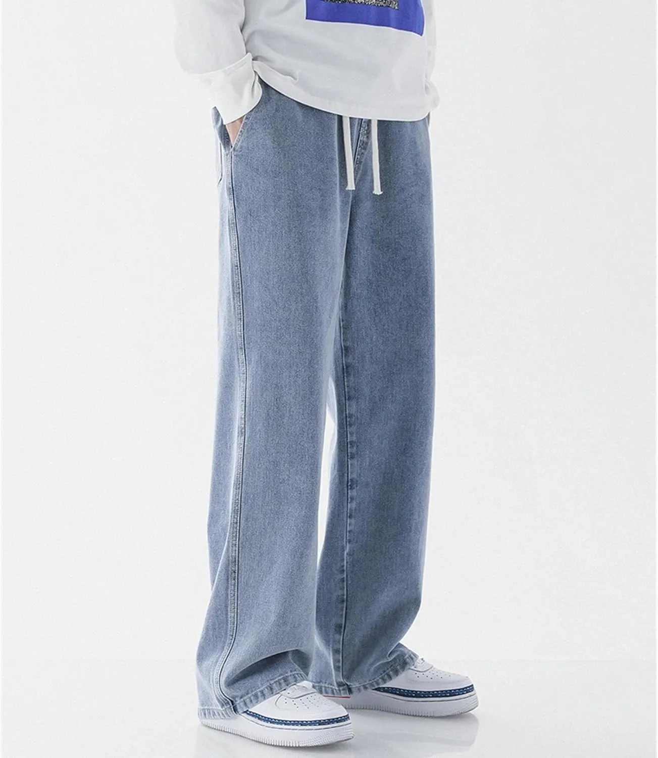 Men's Casual Ripped Jeans Stacked Distressed Patchwork Denim Pants Stretchy Straight Leg Style