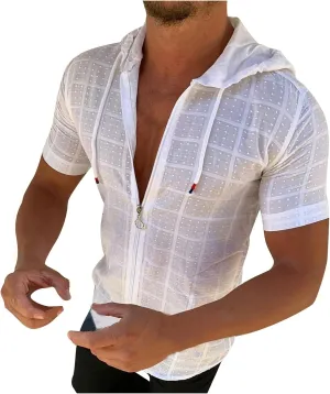 Mens Comfortable Zip Up Hoodie Short Sleeve Lightweight Cotton Zipper Casual Fashion Slim-fit Drawstring Top Shirts