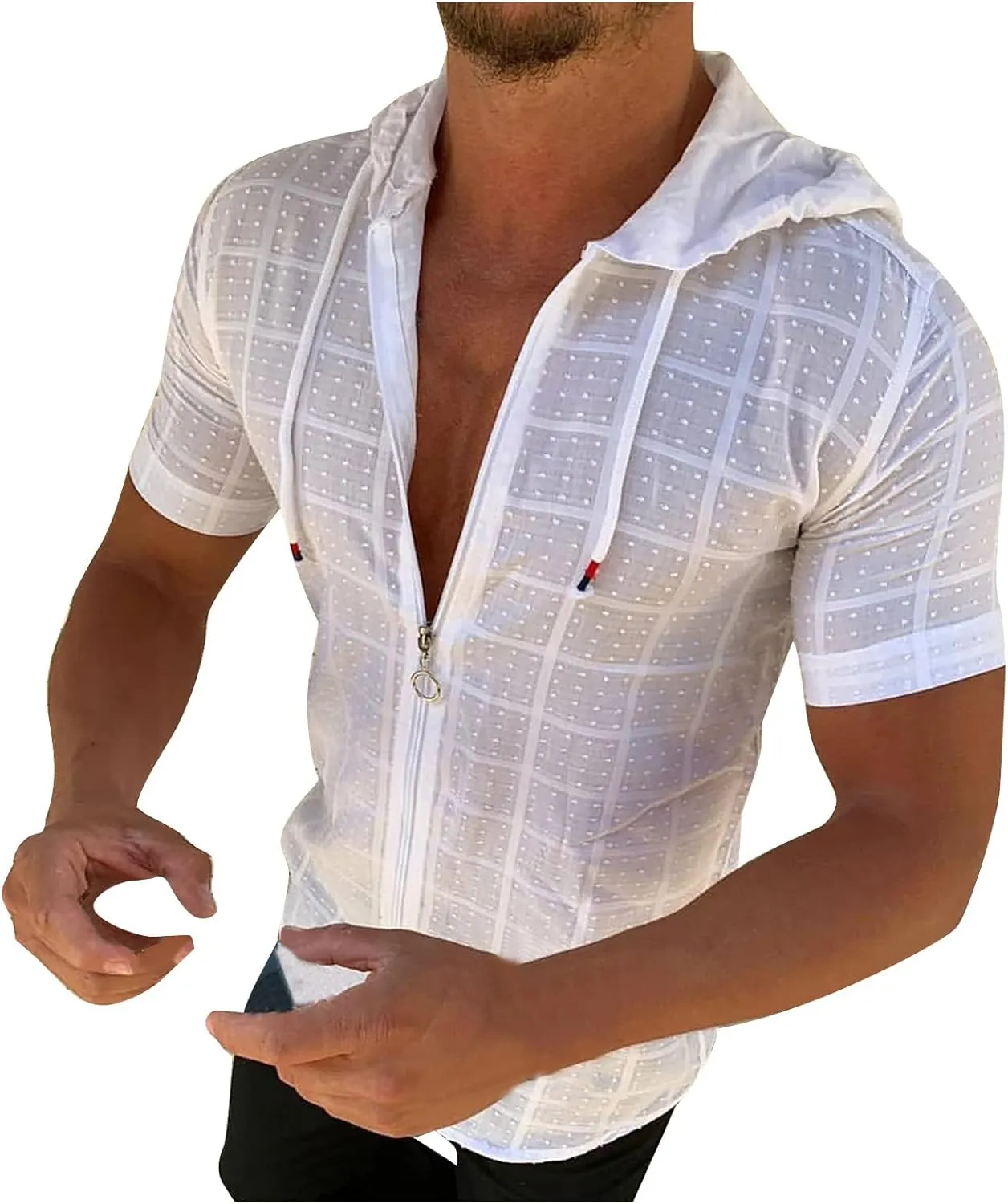 Mens Comfortable Zip Up Hoodie Short Sleeve Lightweight Cotton Zipper Casual Fashion Slim-fit Drawstring Top Shirts