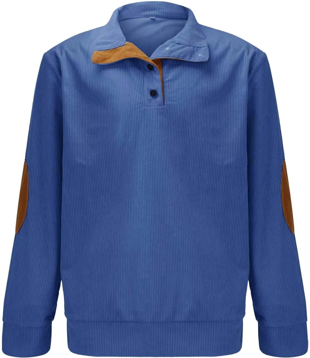 Mens Corduroy Shirt Button Up Pullover Lapel Collar Mock Neck Sweaters Long Sleeve Polo Sweatshirts with Elbow Patches