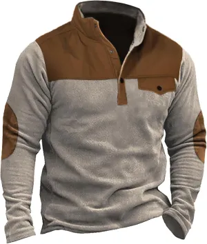 Mens Corduroy Shirt Button Up Pullover Lapel Collar Mock Neck Sweaters Long Sleeve Polo Sweatshirts with Elbow Patches