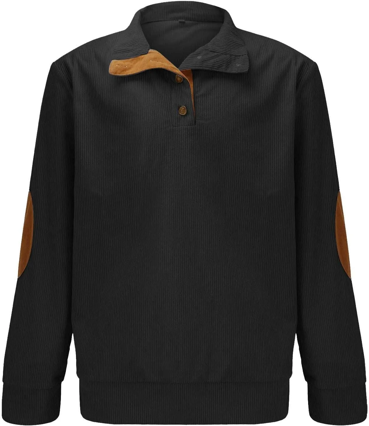 Mens Corduroy Shirt Button Up Pullover Lapel Collar Mock Neck Sweaters Long Sleeve Polo Sweatshirts with Elbow Patches