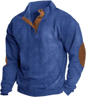 Mens Corduroy Shirt Button Up Pullover Lapel Collar Mock Neck Sweaters Long Sleeve Polo Sweatshirts with Elbow Patches