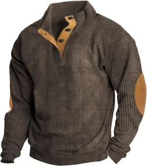 Mens Corduroy Shirt Button Up Pullover Lapel Collar Mock Neck Sweaters Long Sleeve Polo Sweatshirts with Elbow Patches