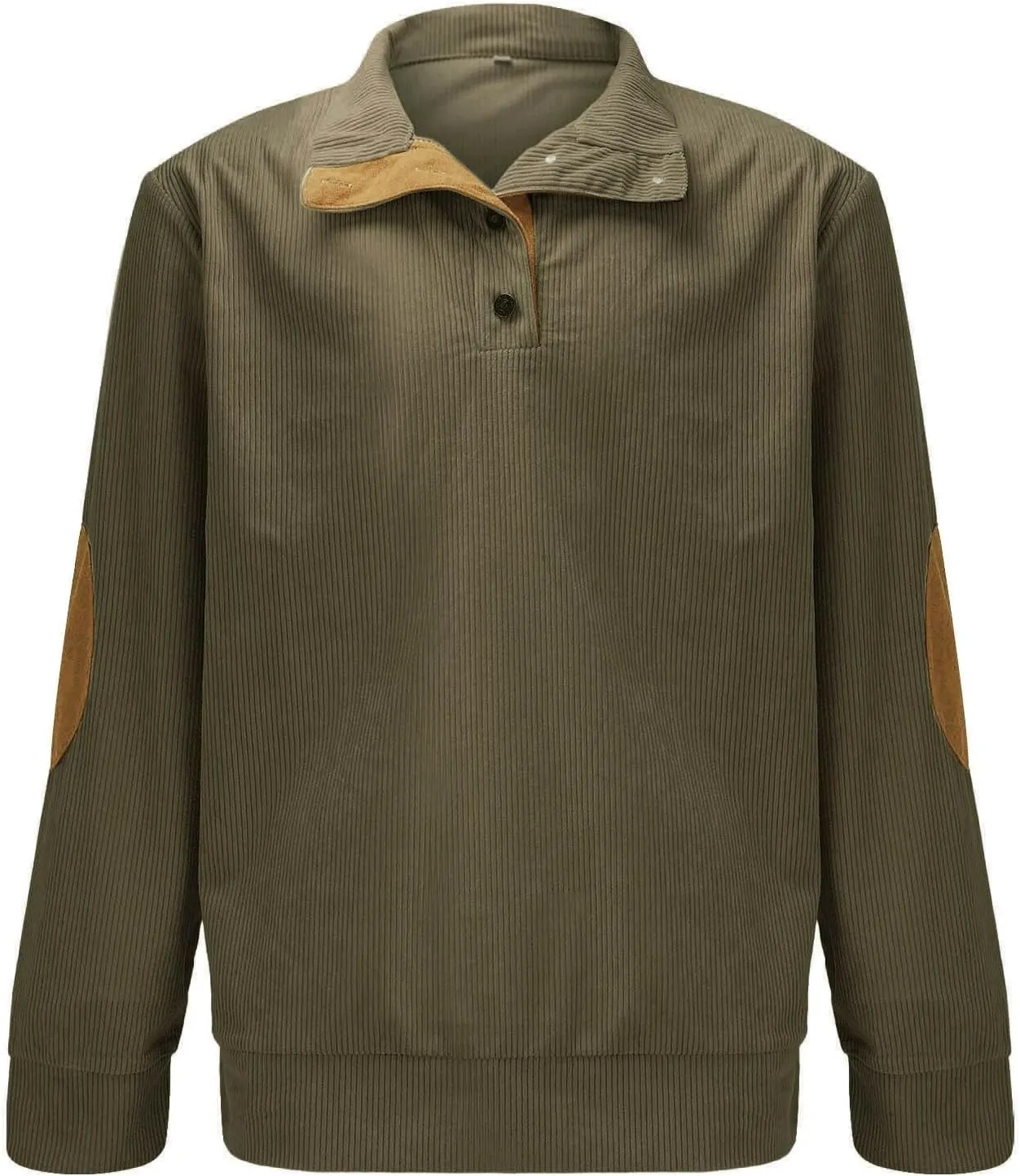 Mens Corduroy Shirt Button Up Pullover Lapel Collar Mock Neck Sweaters Long Sleeve Polo Sweatshirts with Elbow Patches