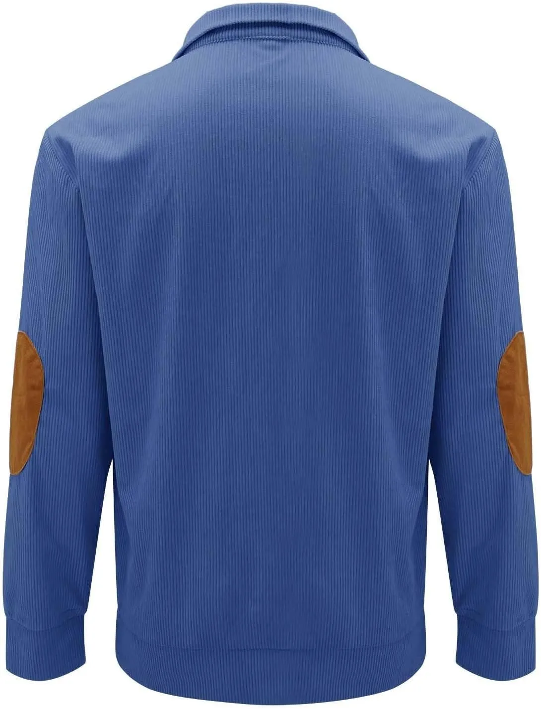 Mens Corduroy Shirt Button Up Pullover Lapel Collar Mock Neck Sweaters Long Sleeve Polo Sweatshirts with Elbow Patches