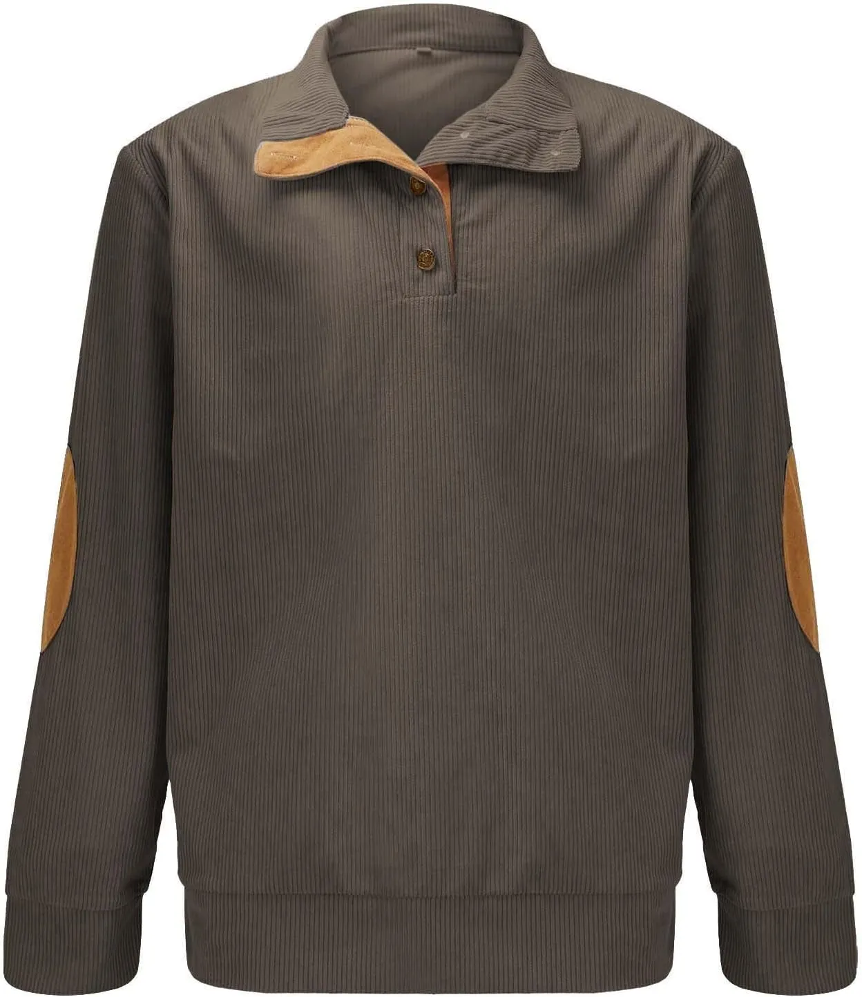 Mens Corduroy Shirt Button Up Pullover Lapel Collar Mock Neck Sweaters Long Sleeve Polo Sweatshirts with Elbow Patches
