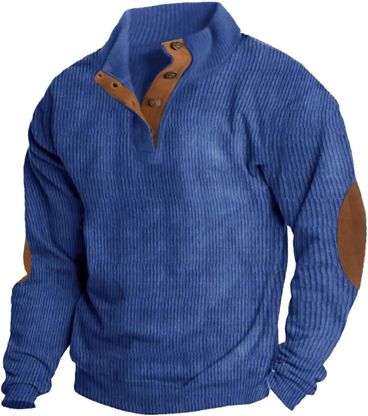 Mens Corduroy Shirt Button Up Pullover Lapel Collar Mock Neck Sweaters Long Sleeve Polo Sweatshirts with Elbow Patches