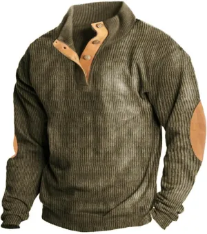 Mens Corduroy Shirt Button Up Pullover Lapel Collar Mock Neck Sweaters Long Sleeve Polo Sweatshirts with Elbow Patches