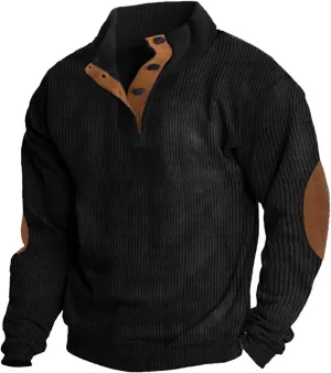 Mens Corduroy Shirt Button Up Pullover Lapel Collar Mock Neck Sweaters Long Sleeve Polo Sweatshirts with Elbow Patches