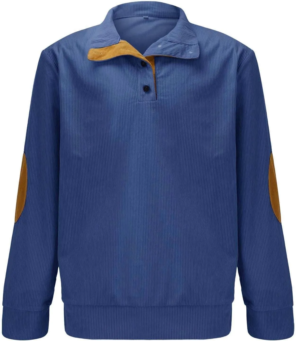 Mens Corduroy Shirt Lapel Collar Button Up Pullover Mock Neck Long Sleeve Sweaters Polo Sweatshirts with Elbow Patches