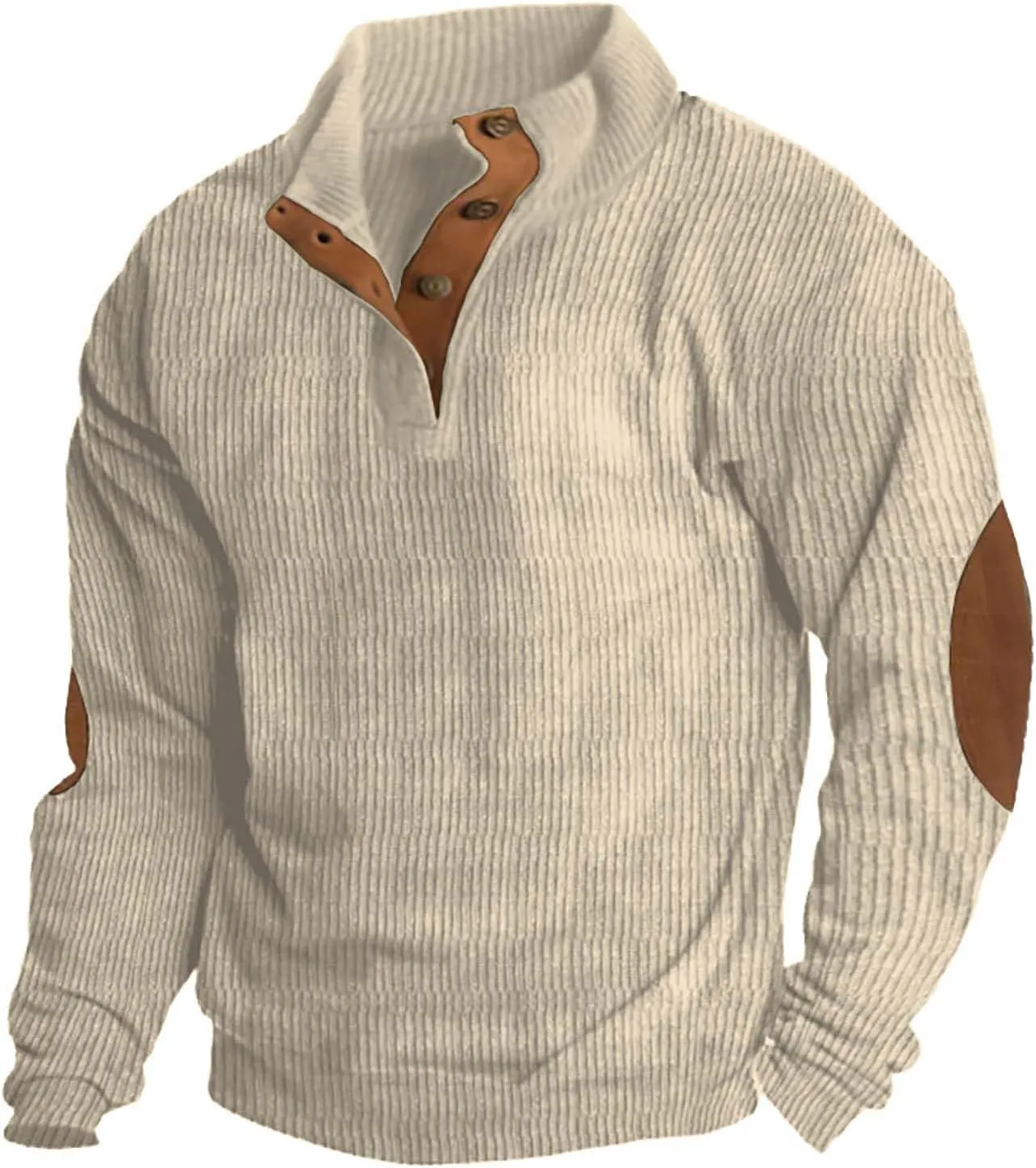 Mens Corduroy Shirt Lapel Collar Button Up Pullover Mock Neck Long Sleeve Sweaters Polo Sweatshirts with Elbow Patches