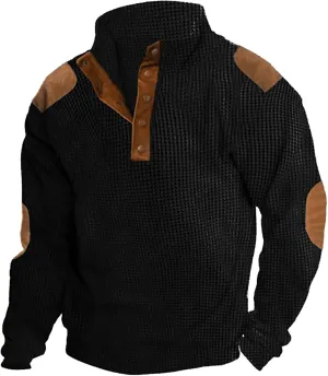 Mens Corduroy Shirt Lapel Collar Button Up Pullover Mock Neck Long Sleeve Sweaters Polo Sweatshirts with Elbow Patches