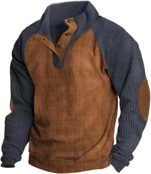 Mens Corduroy Shirt Lapel Collar Button Up Pullover Mock Neck Long Sleeve Sweaters Polo Sweatshirts with Elbow Patches