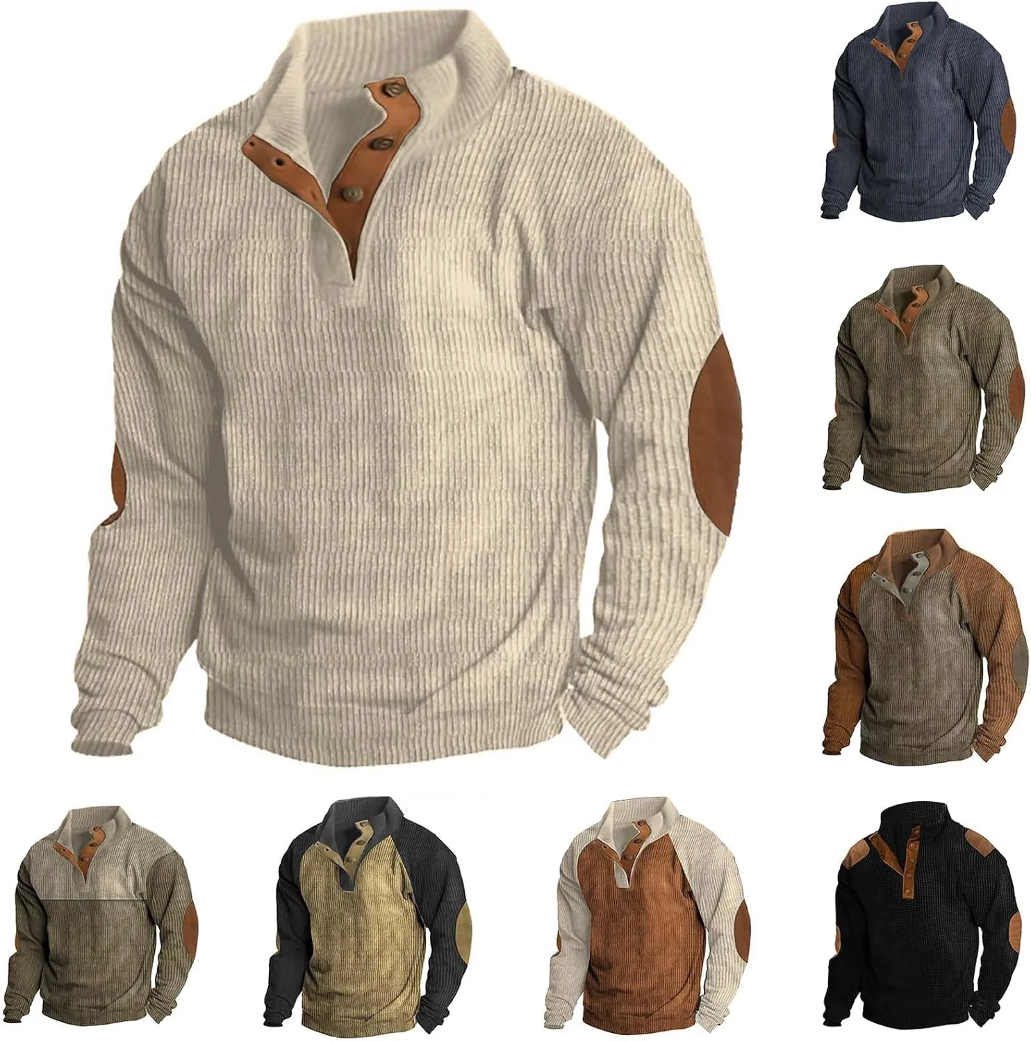Mens Corduroy Shirt Lapel Collar Button Up Pullover Mock Neck Long Sleeve Sweaters Polo Sweatshirts with Elbow Patches
