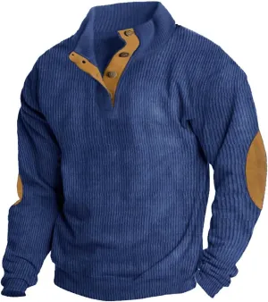 Mens Corduroy Shirt Lapel Collar Button Up Pullover Mock Neck Long Sleeve Sweaters Polo Sweatshirts with Elbow Patches