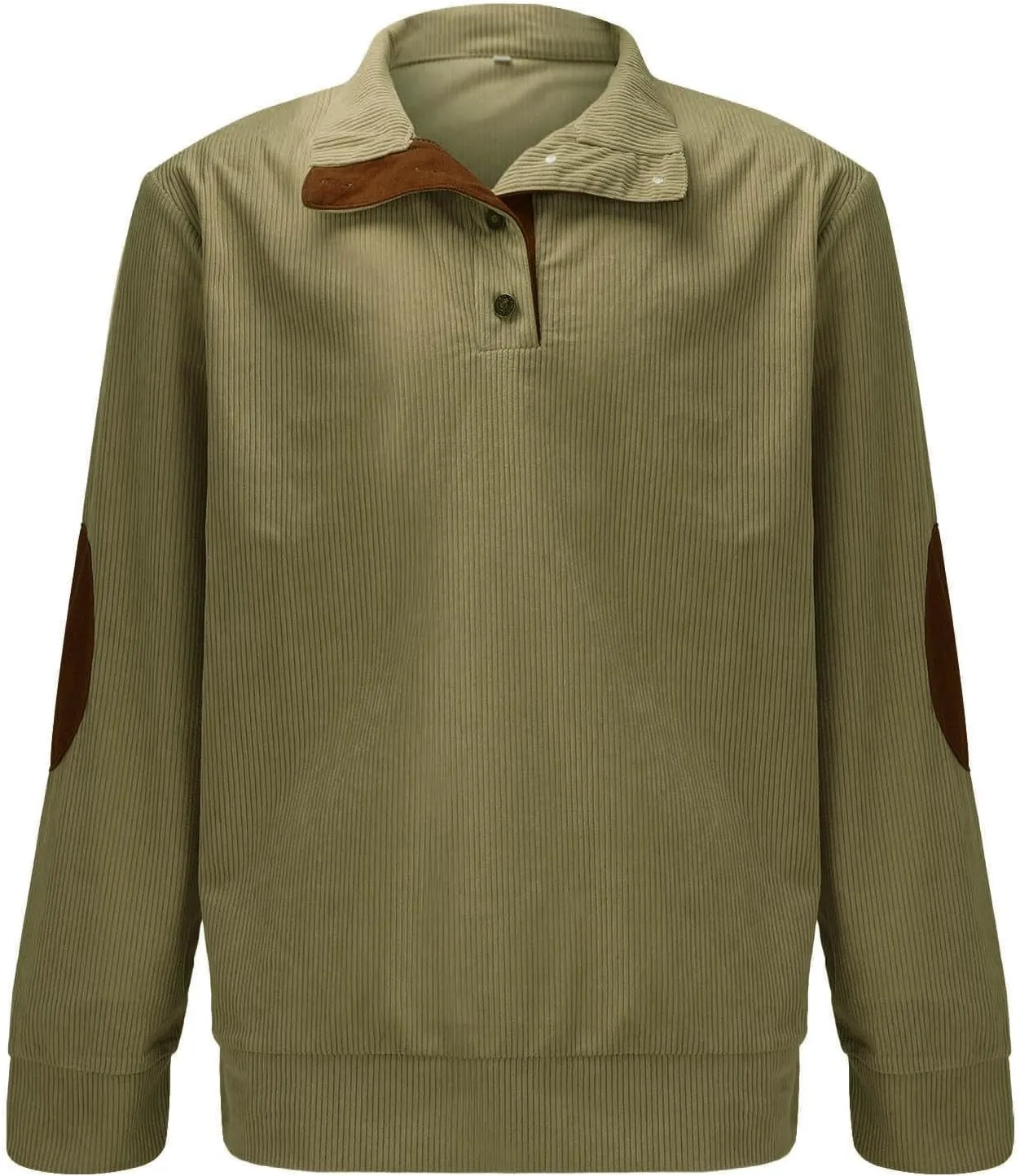Mens Corduroy Shirt Lapel Collar Button Up Pullover Mock Neck Long Sleeve Sweaters Polo Sweatshirts with Elbow Patches