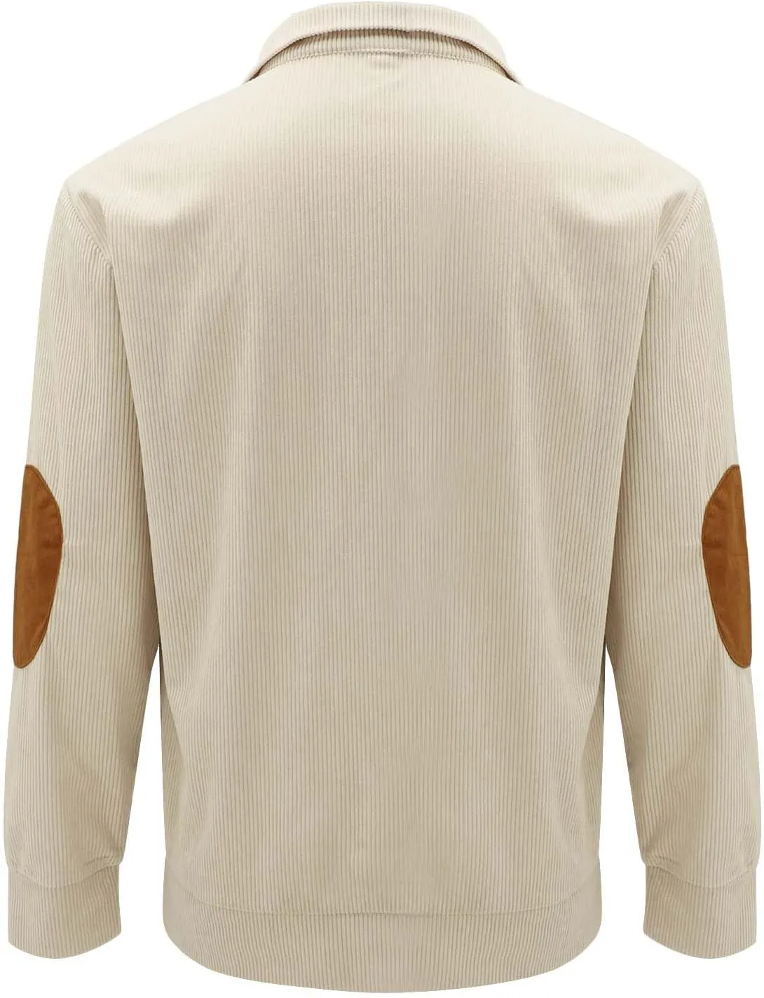 Mens Corduroy Shirt Lapel Collar Button Up Pullover Mock Neck Long Sleeve Sweaters Polo Sweatshirts with Elbow Patches
