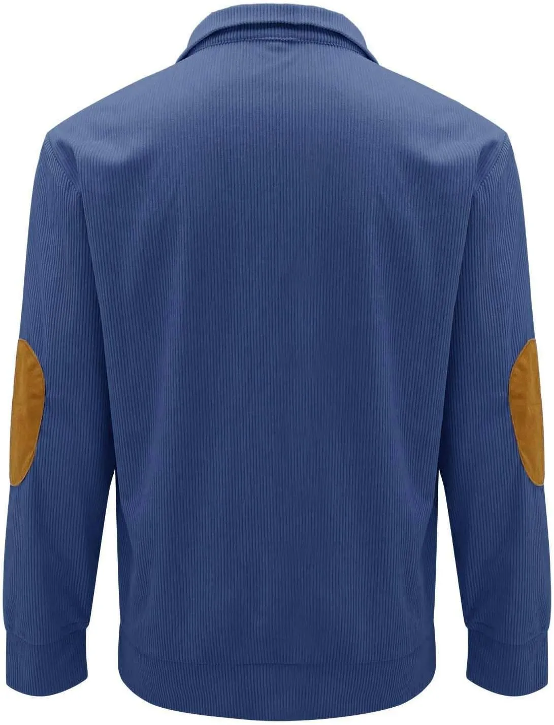 Mens Corduroy Shirt Lapel Collar Button Up Pullover Mock Neck Long Sleeve Sweaters Polo Sweatshirts with Elbow Patches