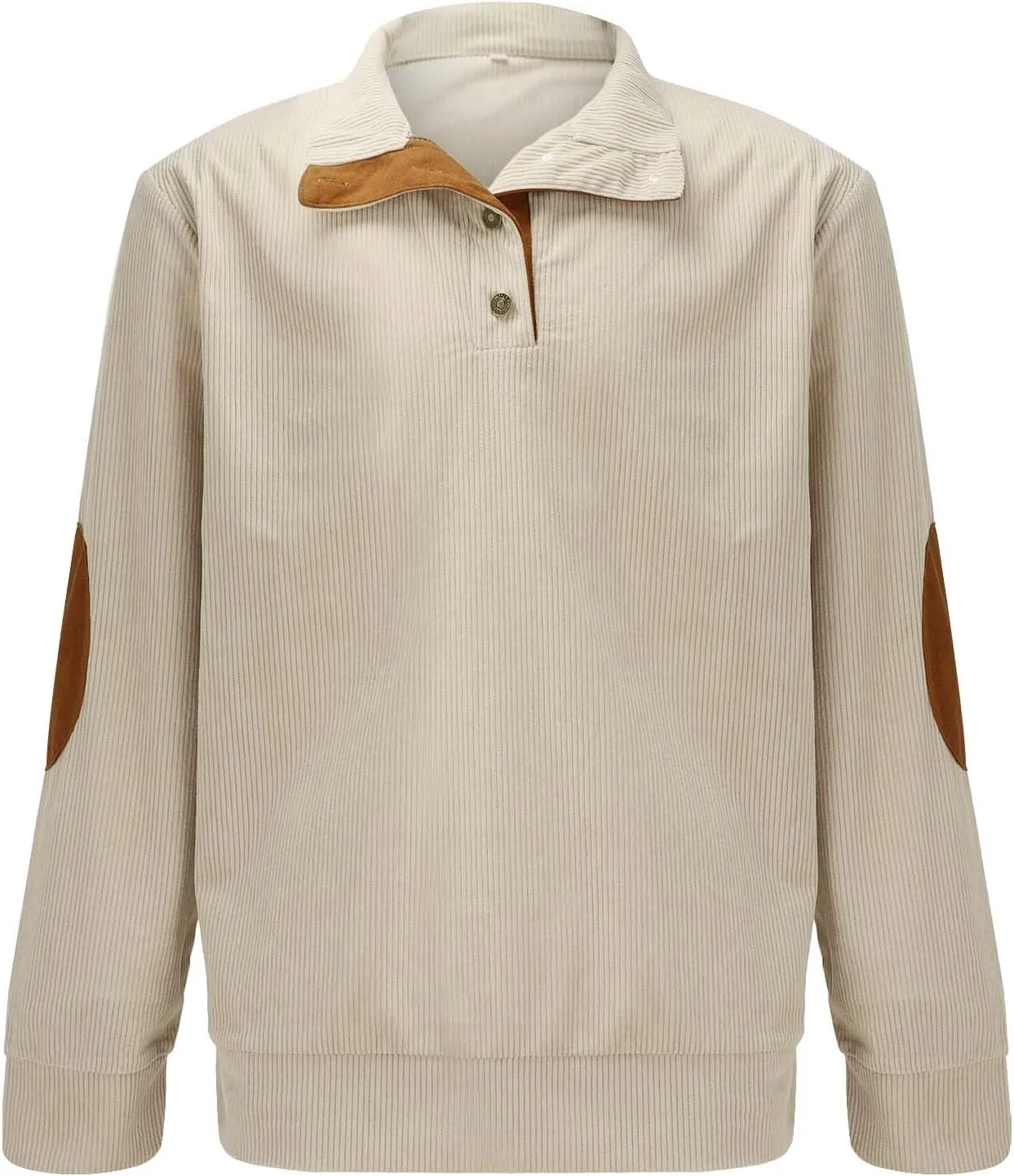 Mens Corduroy Shirt Lapel Collar Button Up Pullover Mock Neck Long Sleeve Sweaters Polo Sweatshirts with Elbow Patches