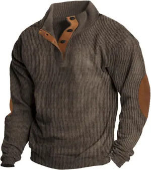 Mens Corduroy Shirt Lapel Collar Button Up Pullover Mock Neck Long Sleeve Sweaters Polo Sweatshirts with Elbow Patches