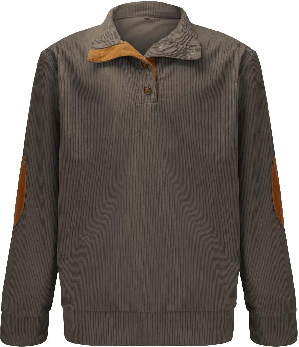 Mens Corduroy Shirt Lapel Collar Button Up Pullover Mock Neck Long Sleeve Sweaters Polo Sweatshirts with Elbow Patches