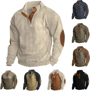 Mens Corduroy Shirt Lapel Collar Button Up Pullover Mock Neck Long Sleeve Sweaters Polo Sweatshirts with Elbow Patches