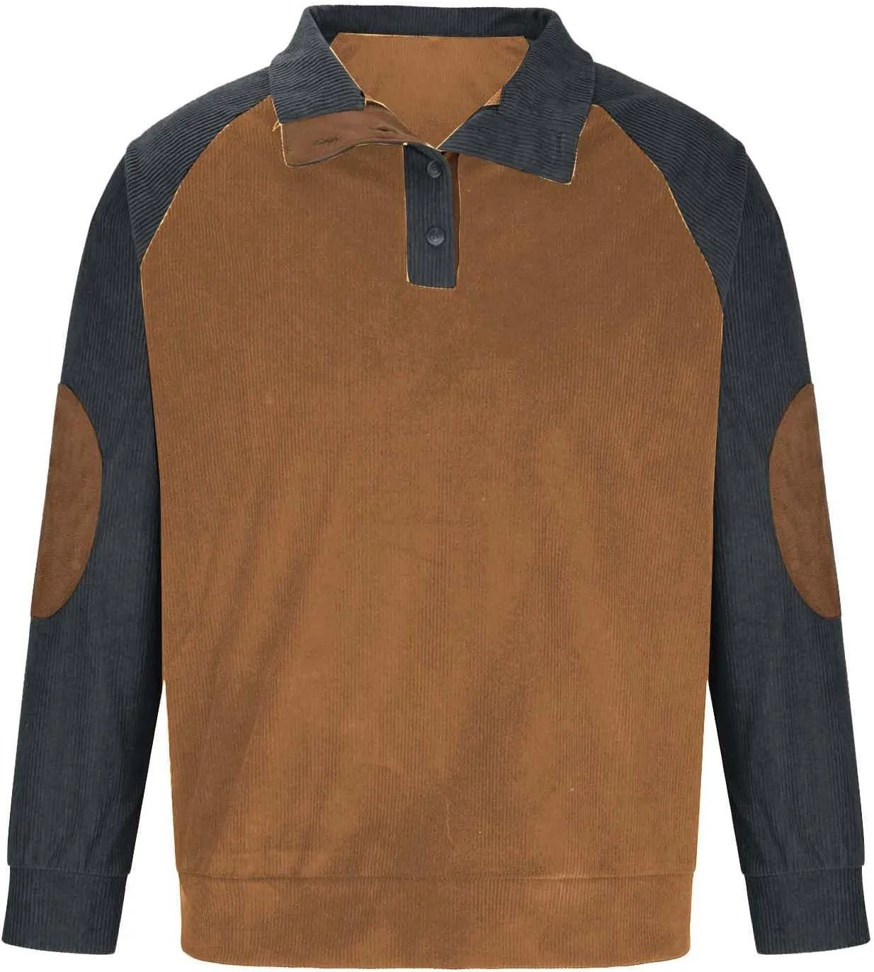 Mens Corduroy Shirt Lapel Collar Button Up Pullover Mock Neck Long Sleeve Sweaters Polo Sweatshirts with Elbow Patches