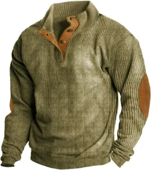 Mens Corduroy Shirt Lapel Collar Button Up Pullover Mock Neck Long Sleeve Sweaters Polo Sweatshirts with Elbow Patches