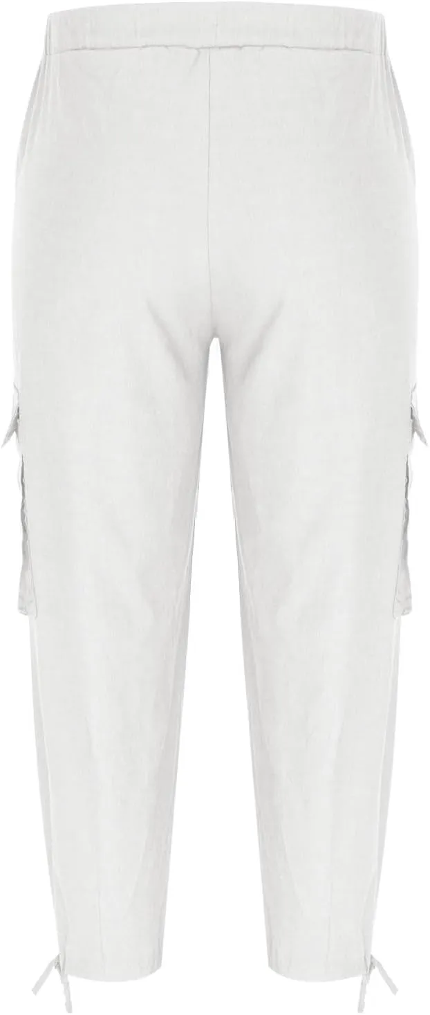 Men's Cotton Linen Lace up Elastic Waist Wide Leg Pants Fashion Solid Color Multiple Pockets Comfy Cargo Sweatpant