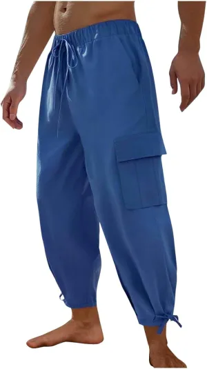 Men's Cotton Linen Lace up Elastic Waist Wide Leg Pants Fashion Solid Color Multiple Pockets Comfy Cargo Sweatpant