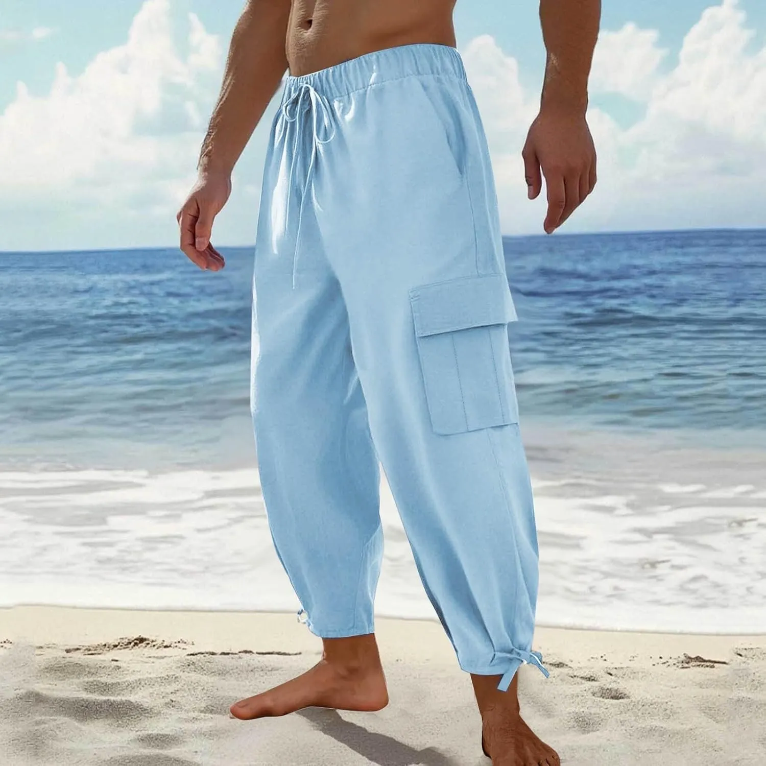 Men's Cotton Linen Lace up Elastic Waist Wide Leg Pants Fashion Solid Color Multiple Pockets Comfy Cargo Sweatpant