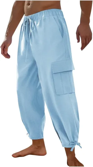 Men's Cotton Linen Lace up Elastic Waist Wide Leg Pants Fashion Solid Color Multiple Pockets Comfy Cargo Sweatpant