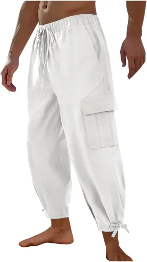 Men's Cotton Linen Lace up Elastic Waist Wide Leg Pants Fashion Solid Color Multiple Pockets Comfy Cargo Sweatpant